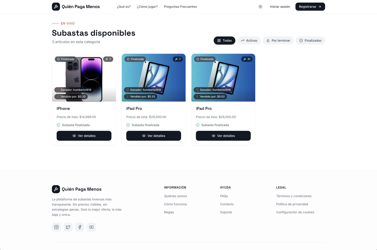 Quién Paga Menos — auction listing page showing three finished iPad and iPhone auctions with their winning bids.